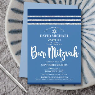 Invitation Bar Mitzvah Tallit Bleu Argent Moderne Écriture Gr