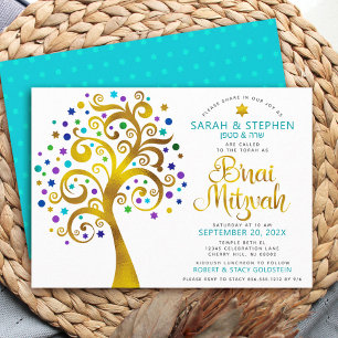 Invitation Bar Mitzvah Turquoise Or Feuille d'Arbre de Vie