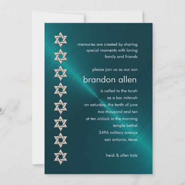 Invitation Bar Mitzvah Turquoise Sheen Argent Étoiles de Davi (Devant)