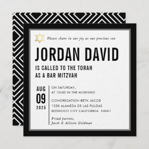 Invitation BAR MITZVAH typographie moderne simple noir blanc