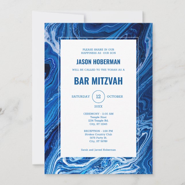 Invitation Bar Mitzvah Vagues d'océan bleues élégantes (Devant)