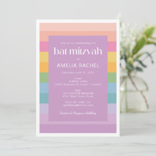 Invitation Bar Mitzvah violet arc-en-ciel rayé pastel lumineu