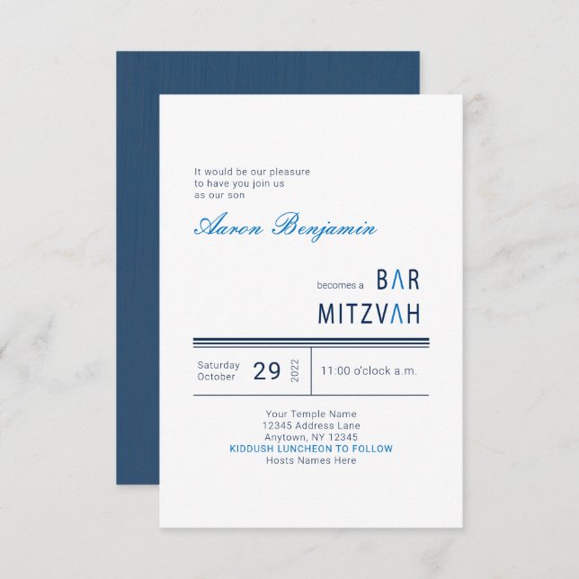 Invitation Bar moderne bleu Mitzvah (Devant / Derrière)