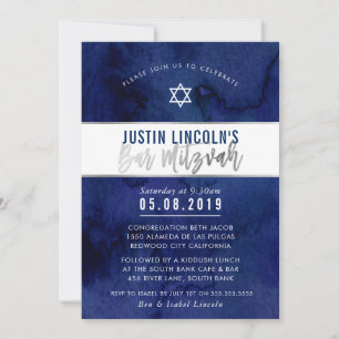 Invitation BAR MODERNE MITZVAH bleu aquarelle argent type