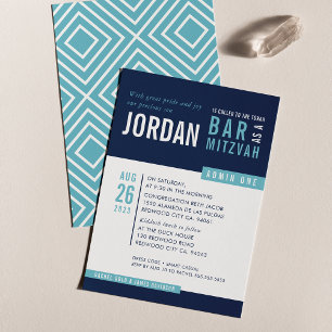 Invitation BAR MODERNE MITZVAH cool bold bloc marine aqua ble