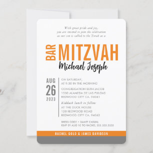 Invitation BAR MODERNE MITZVAH date tendance orange gris