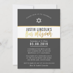 Invitation BAR MODERNE MITZVAH écriture or gris foncé élégant