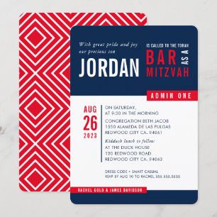 Invitation BAR MODERNE MITZVAH mode bold bloc marine bleu rou