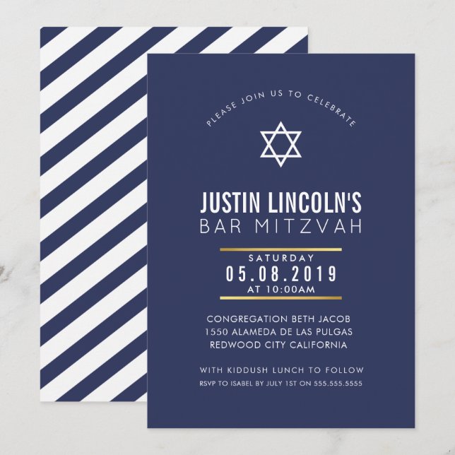 Invitation BAR MODERNE MITZVAH parti plaine audacieuse marine (Devant / Derrière)