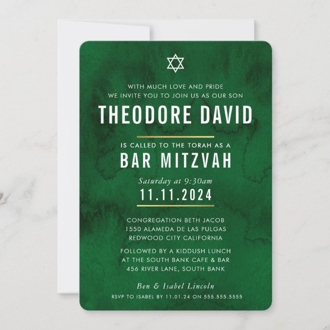 Invitation BAR MODERNE MITZVAH riche motif vert simple (Devant)