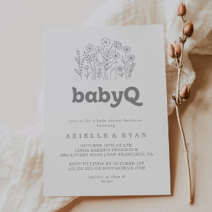 Invitation Barbecue BabyQ Fleur Sauvage Grise Minimaliste pou