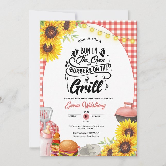 Invitation Barbecue Bébé-Q Douche Tournesol Plaid BBQ Girl (Devant)