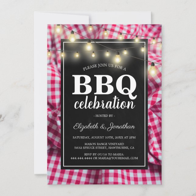 Invitation Barbecue de jardin | BBQ Carreaux Rouges Rustiques (Devant)