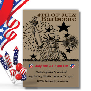Invitation Barbecue du 4 juillet, statue de la Liberté vintag