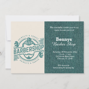 Invitation Barbershop blue jeans texture ouvert jour