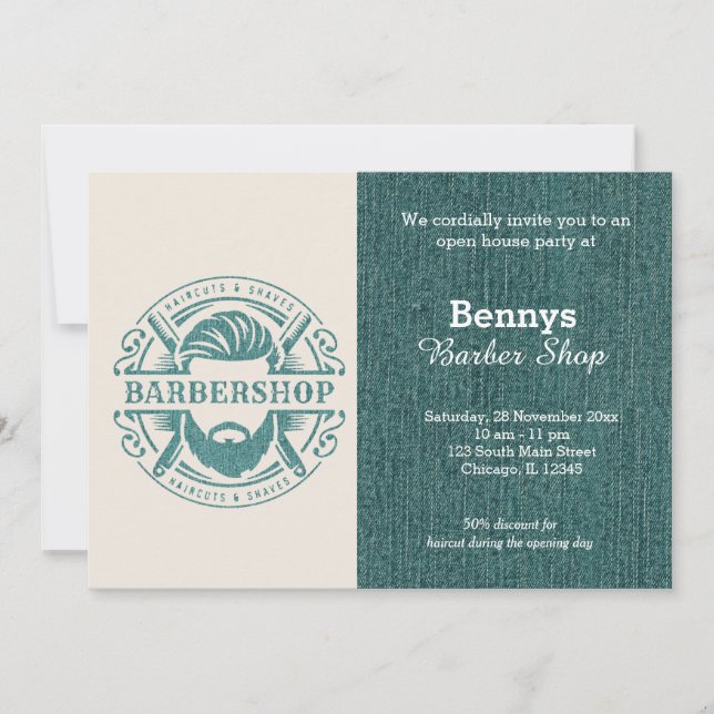 Invitation Barbershop blue jeans texture ouvert jour (Devant)