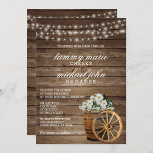 Invitation Baril de bois rustique et Fleur blanche