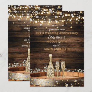 Invitation Baril de bois rustique et lumières Champagne Anniv