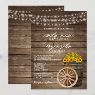 Invitation Baril de bois rustique et Mariage de tournesol