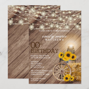 Invitation Baril de bois rustique et tournesols - 00e anniver