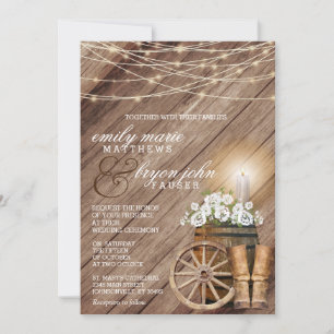 Invitation Baril rustique en bois et lumières à cordes