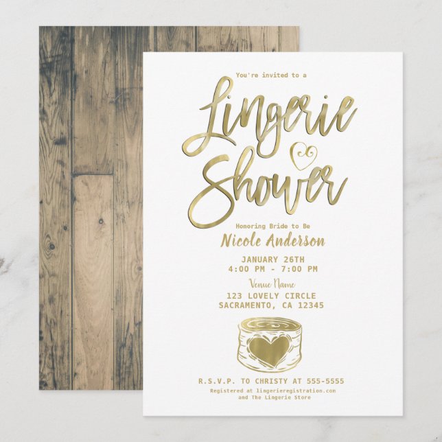 Invitation Barn Bois Rustique Glam Or Lingerie Douche Invita (Devant / Derrière)