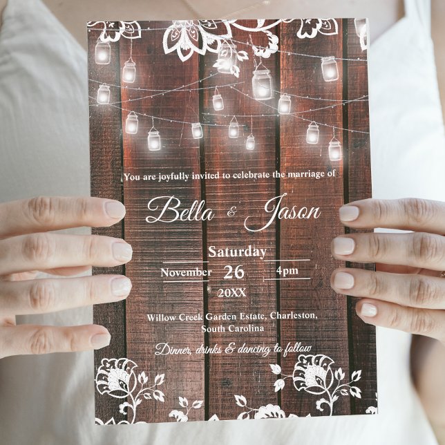 Invitation Barn Lace Rustic Wood String Light Country Wedding (Rustic Wood String Lights Wedding Invitation | Barn Lace Wood Country Wedding Invite)