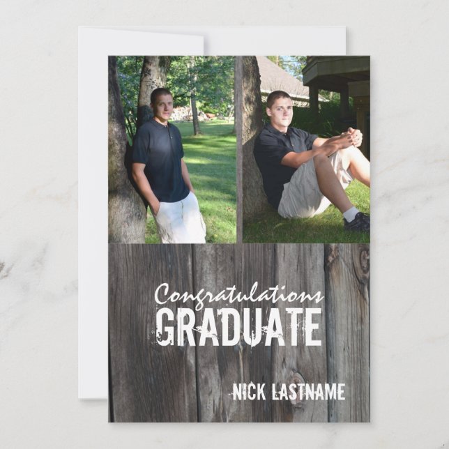 Invitation Barn Wood Country Grad Twin Photo (Devant)