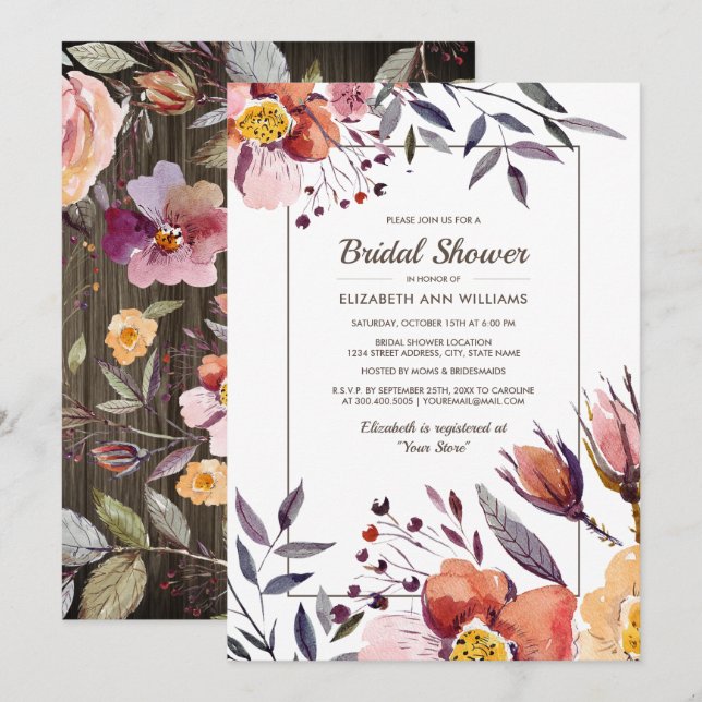 Invitation Barn Wood | Fête des mariées Fleurs d'automne (Devant / Derrière)