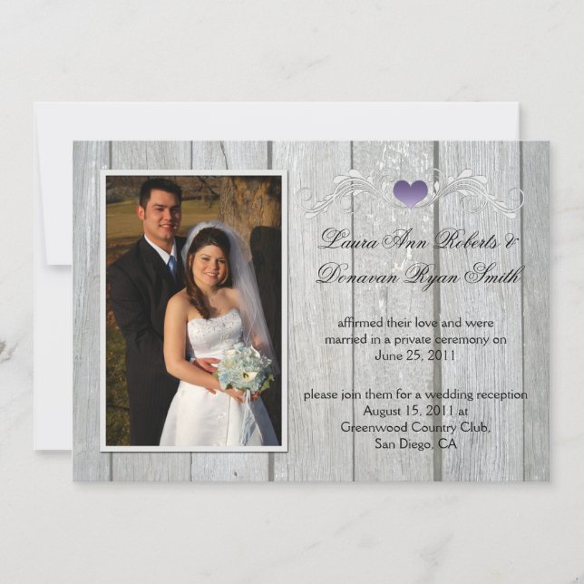 Invitation Barn Wood Purple Heart Photo Après Mariage (Devant)