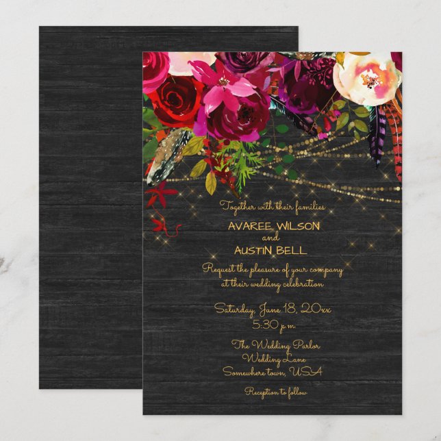 Invitation Barnboard noir Bourgogne Fleurs Boho (Devant / Derrière)