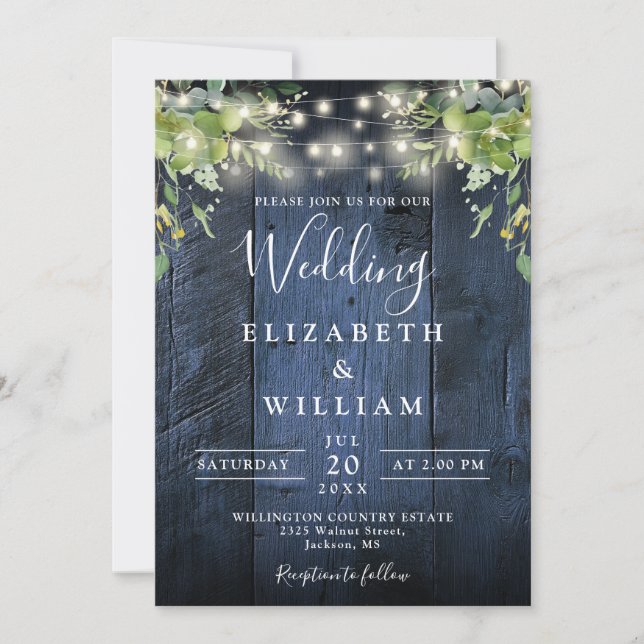 Invitation Barne Bleue Bois Chaîne Lumières Verdure Mariage (Devant)
