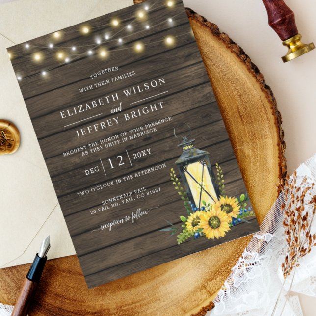 Invitation Barne Bois Chaîne Lumières Tournesols Mariage (Créateur téléchargé)