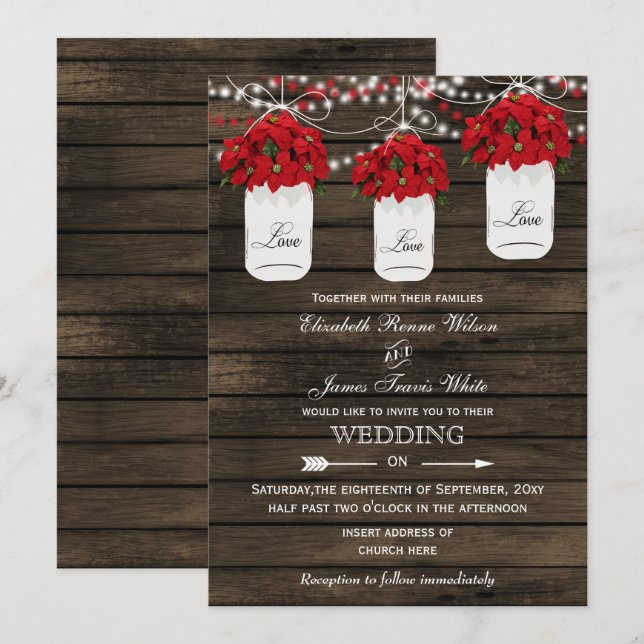 Invitation Barne bois poinsettias mason jarre mariage rustiqu (Devant / Derrière)