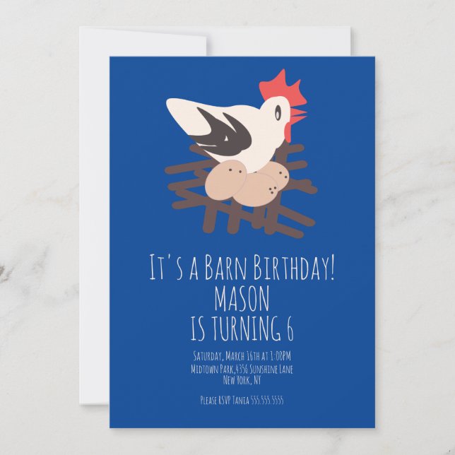 Invitation Barne de coq Animaux Ferme Anniversaire Art Bleu (Devant)