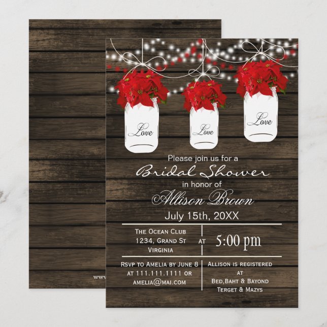 Invitation Barne en bois poinsettias mason jar nuptiale (Devant / Derrière)