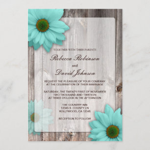 Invitation Barne rustique avec Mariage de marguerites bleues 