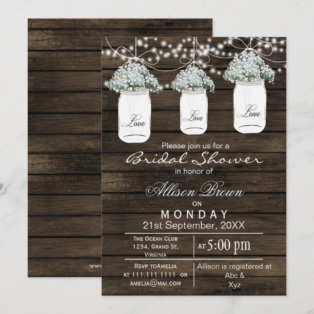 Invitation Barnwood bébés respirer mason bocal douche nuptial (Devant / Derrière)