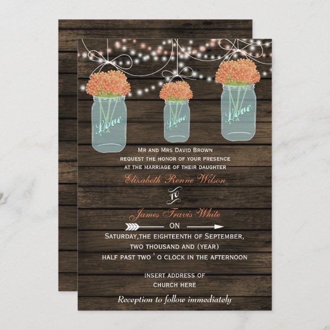 Invitation Barnwood, corail mason pot mariage invite (Devant / Derrière)