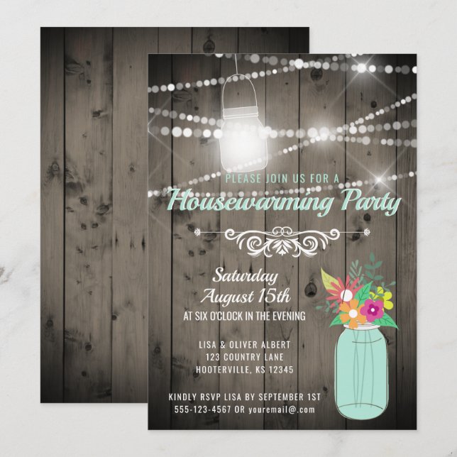 Invitation Barnwood Lights Mint Mason Jar Réchauffement domes (Devant / Derrière)