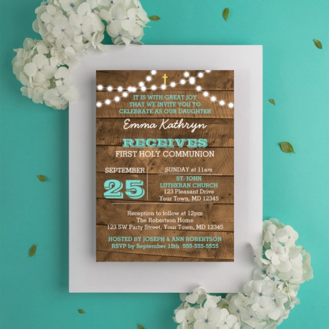 Invitation Barnwood Lights Turquoise First Communion Invitati (Créateur téléchargé)
