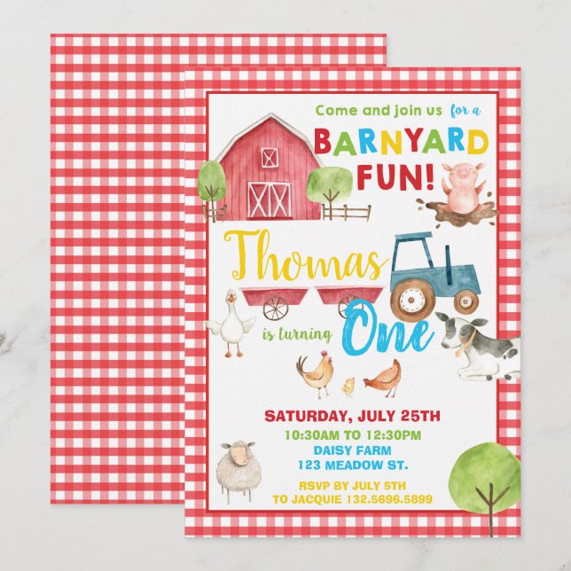 Invitation Barnyard 1er anniversaire fête mignonne animaux de (Devant / Derrière)