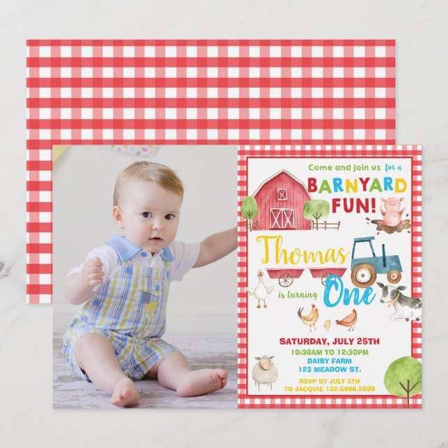 Invitation Barnyard 1er anniversaire fête mignonne ferme (Devant / Derrière)
