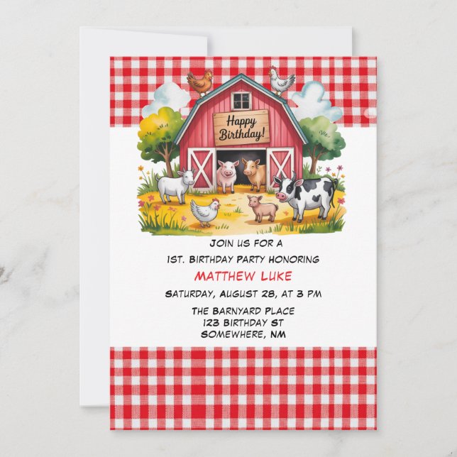 Invitation Barnyard Animals Boy 1st. Birthday Party (Devant)