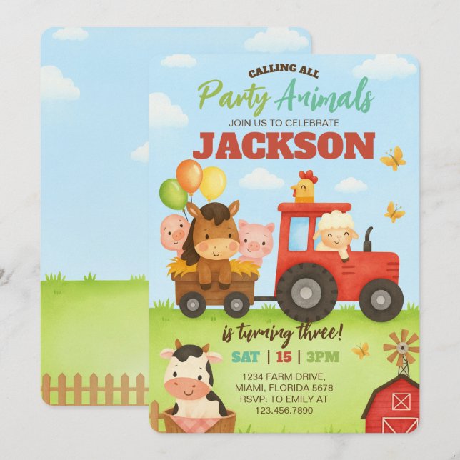 Invitation Barnyard Animals Ranch Kids Birthday (Devant / Derrière)