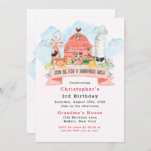 Invitation Barnyard Bash Farm Animaux 3e fête d'anniversaire
