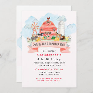 Invitation Barnyard Bash Farm Animaux 4e fête d'anniversaire