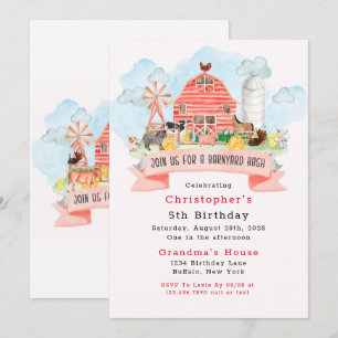 Invitation Barnyard Bash Farm Animaux 5e fête d'anniversaire