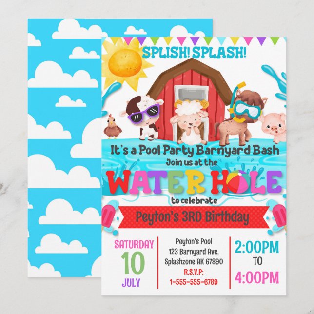 Invitation Barnyard Bash Pool Party Anniversaire (Devant / Derrière)