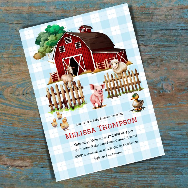 Invitation Barnyard Blue Plaid Farm Animaux Baby shower Garço (Créateur téléchargé)